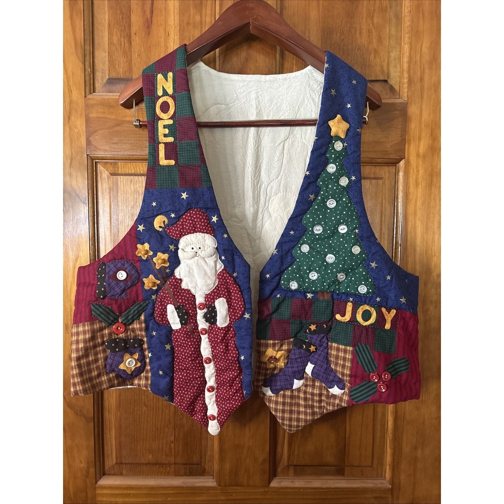Vintage 90s Handmade Quilted Christmas Vest Noel Joy Button Front Holiday XL